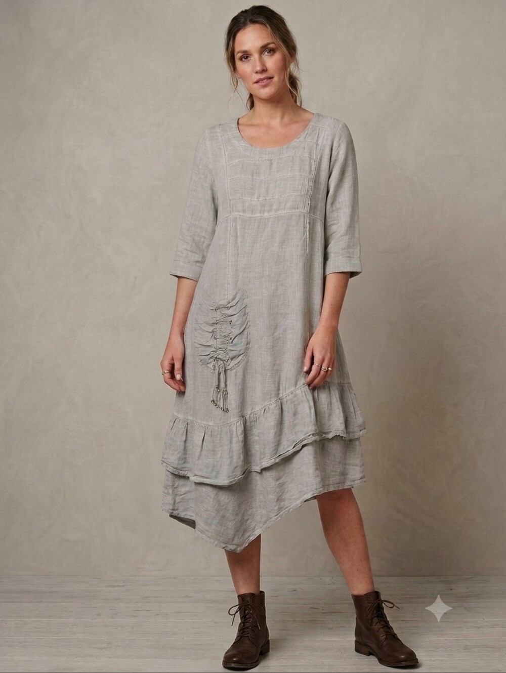 Grizas 100% Linen Asymmetrical Ruffle Hem Dress in Light Gray Size Large